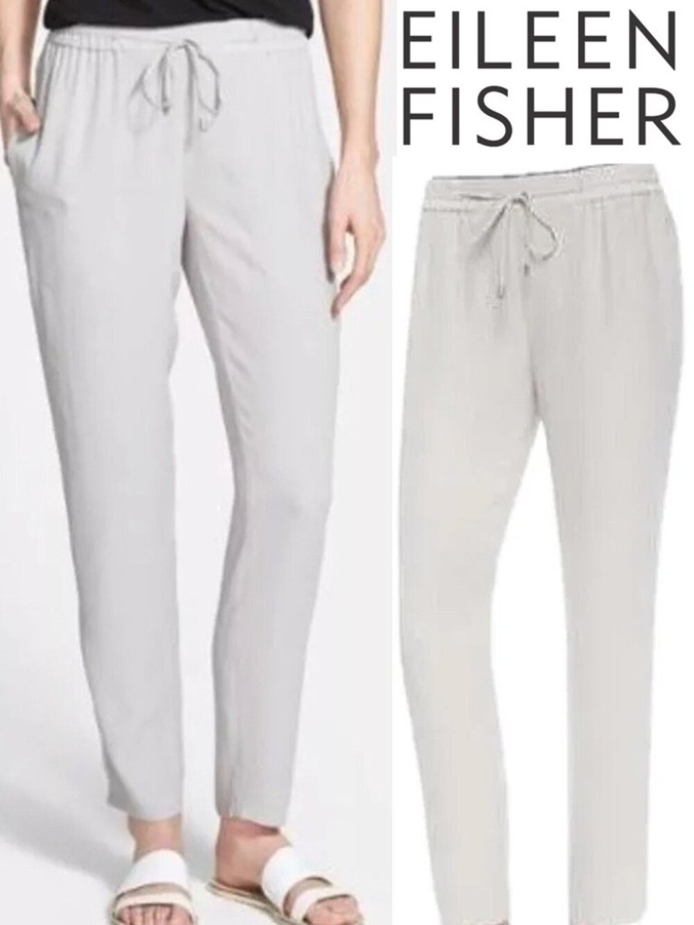 Eileen Fisher 100% Silk Georgette Ankle Pants Bone Gray Size S Drawstring $258
